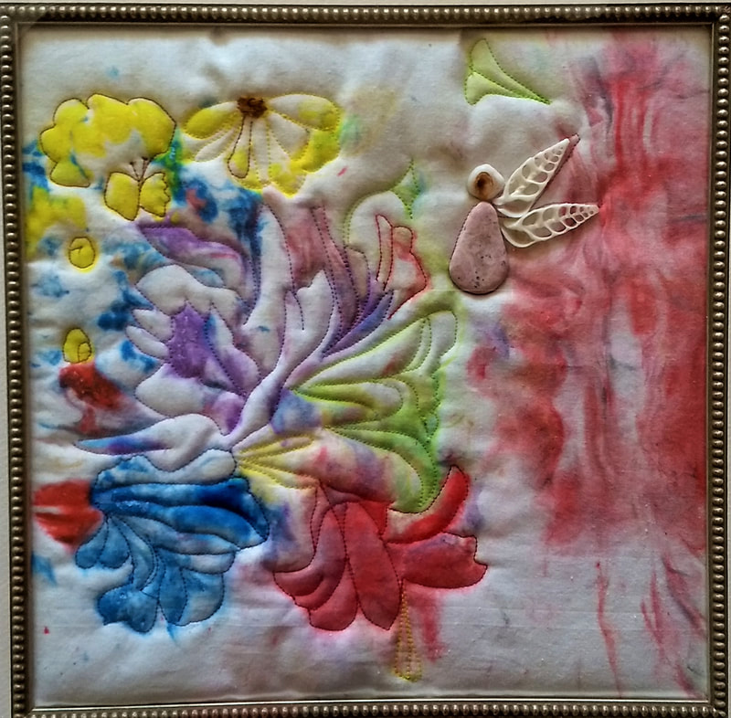 Fairy Garden, Stone & shell on painted, quilted fabric, $150.